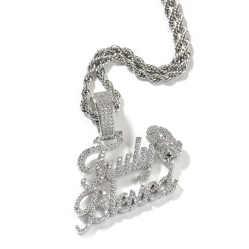 Silver fully blessed diamond-encrusted praying hand letters pendant on braided chain men rapper jewelry accessory