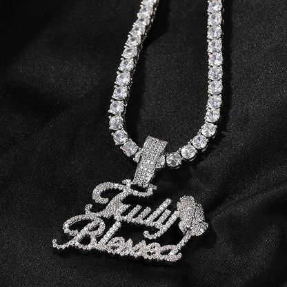 A sparkling silver hip hop praying hand letters pendant necklace with diamond-encrusted chain for men rapper jewelry