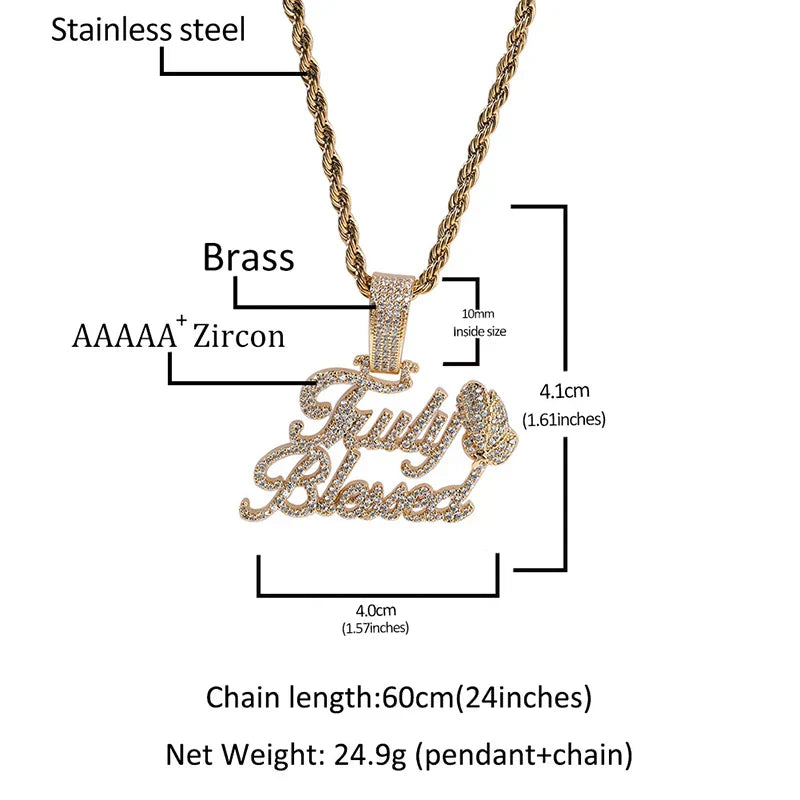 Gold-toned praying hand letters pendant with aaaa+ zircon stones on stainless steel chain men rapper jewelry