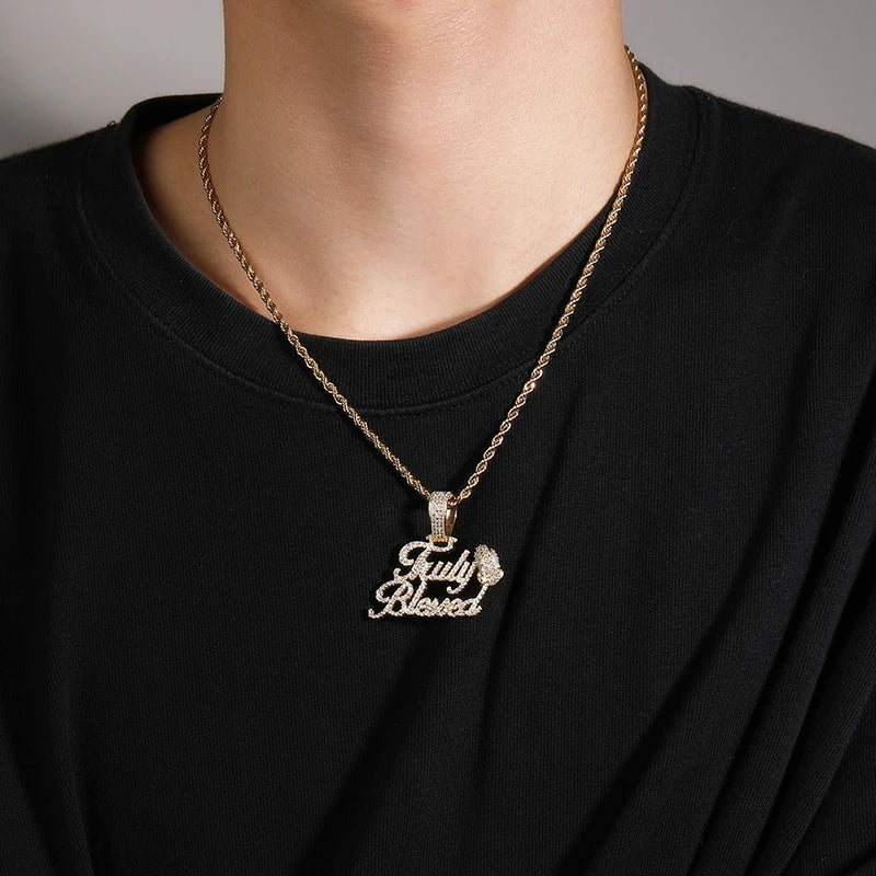Gold-toned rope chain necklace with fully blessed pendant paved with clear cubic zirconia stones men rapper jewelry