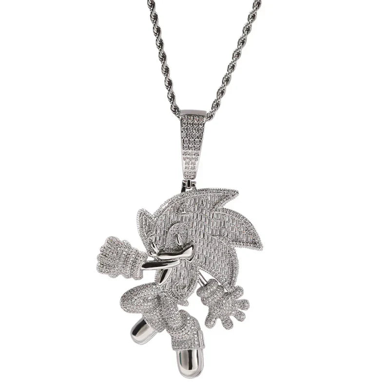Silver sonic the hedgehog stone paved bling pendant necklace with diamond detail and twisted chain men rapper jewelry