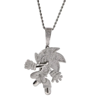 Silver sonic the hedgehog stone paved bling pendant necklace with diamond detail and twisted chain men rapper jewelry
