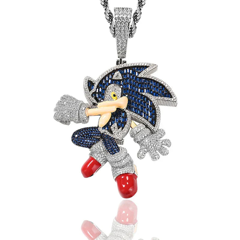 A sparkling blue and silver sonic the hedgehog cartoon characters pendant with red shoes stone paved bling for men rapper jewelry