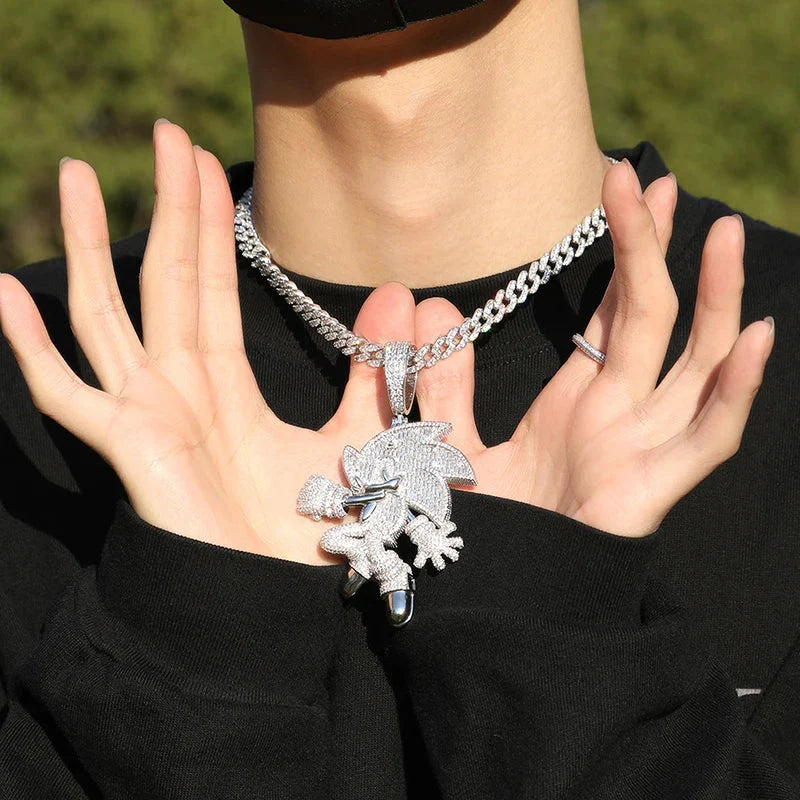 Silver diamond-encrusted sonic the hedgehog pendant on thick chain stone paved bling men rapper jewelry