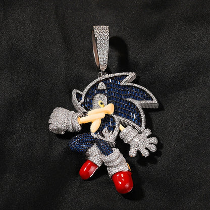 Icy blue and silver stone paved bling pendant featuring sonic in red shoes cartoon characters pendants men rapper jewelry