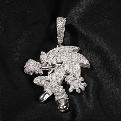 A sparkling silver stone paved bling pendant featuring a diamond-encrusted sonic the hedgehog for men rapper jewelry