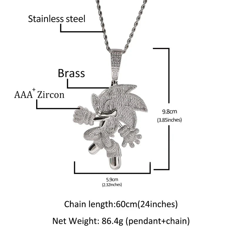 Silver sonic the hedgehog stone paved bling pendant made of stainless steel and brass for men rapper jewelry