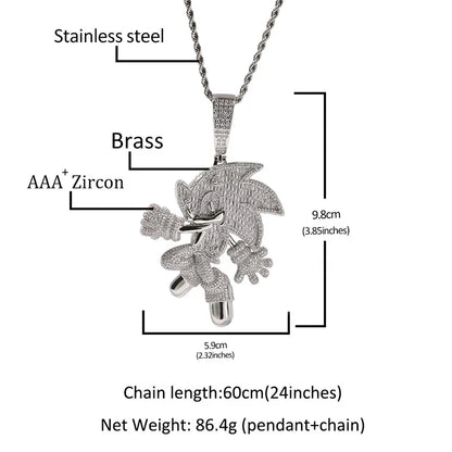 Silver sonic the hedgehog stone paved bling pendant made of stainless steel and brass for men rapper jewelry