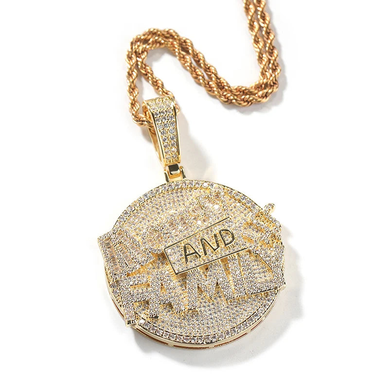 Gold-plated family round pendant with dense stone paved bling cubic zirconia for men rapper jewelry in gold color