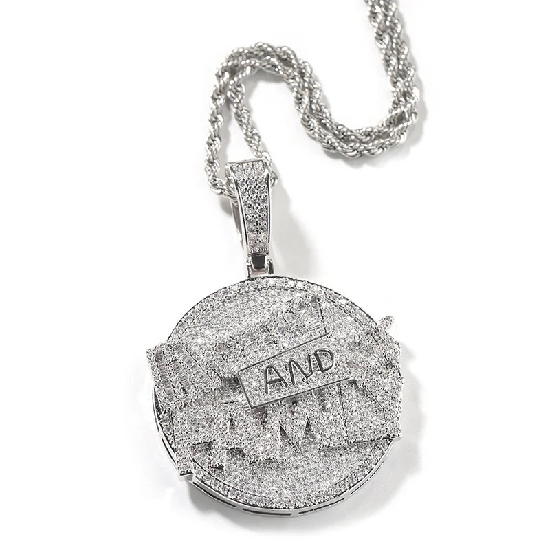 Silver stone paved bling circular family round pendant with and engraving on twisted rope chain men rapper jewelry