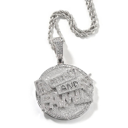 Silver stone paved bling circular family round pendant with and engraving on twisted rope chain men rapper jewelry