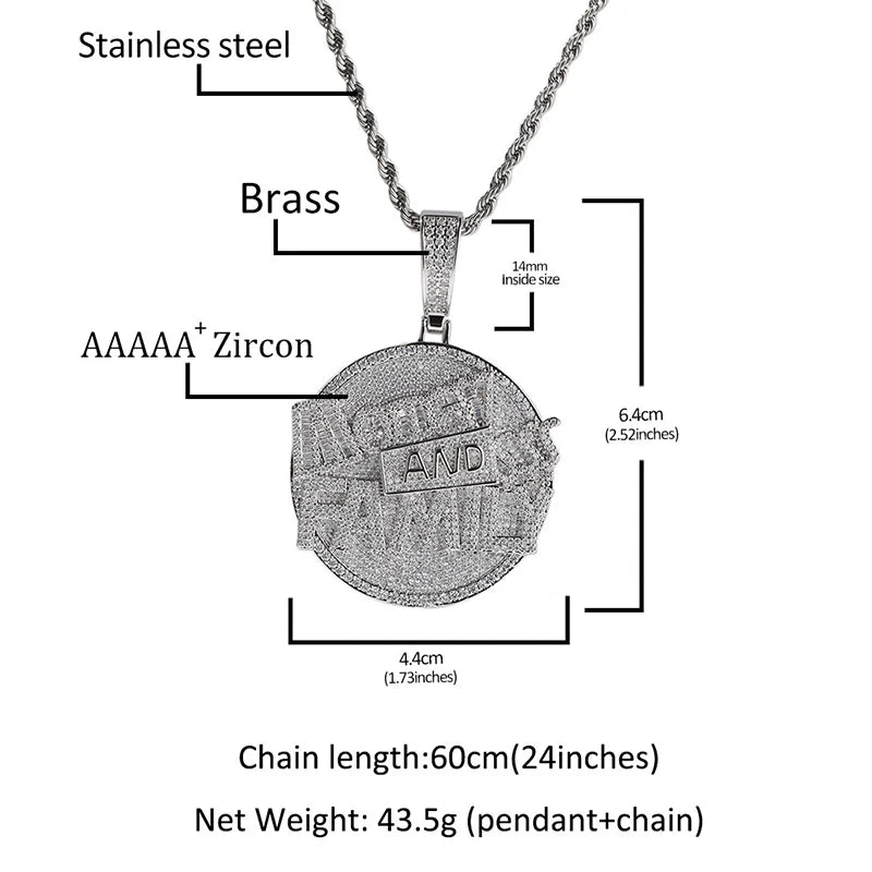 Silver stone paved bling family round pendant with engraved text stainless steel brass men rapper jewelry