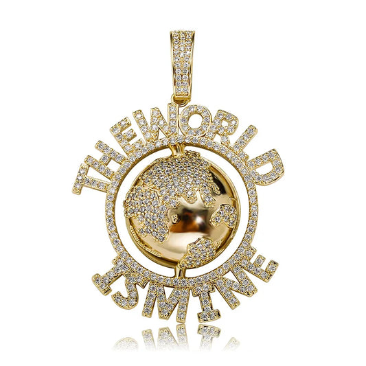 Gold-colored hip hop earth pendants necklace with clear cz stones men rapper jewelry for rapper jewelry drop