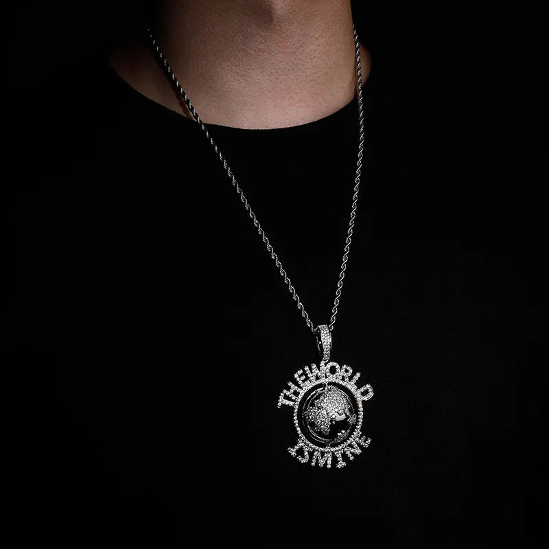 Silver chain men rapper jewelry earth pendants necklace with circular globe pendant and cubic zirconia stones