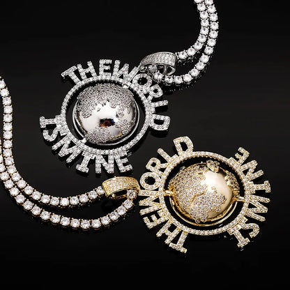 Two diamond-encrusted silver and gold earth pendants necklace for men rapper jewelry with rotating globe design
