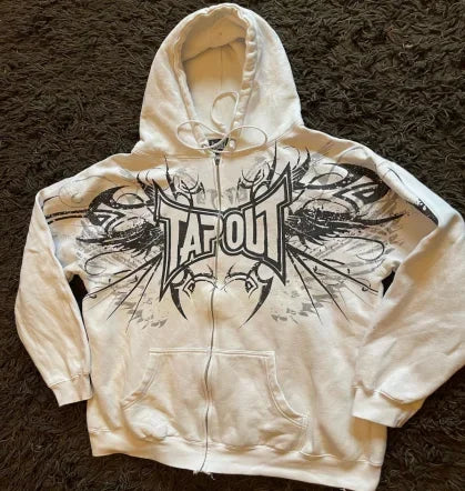 White tap out hoodie with black graphic zip front from hip hop american style black series oversizeds hooded sweatshirts rock