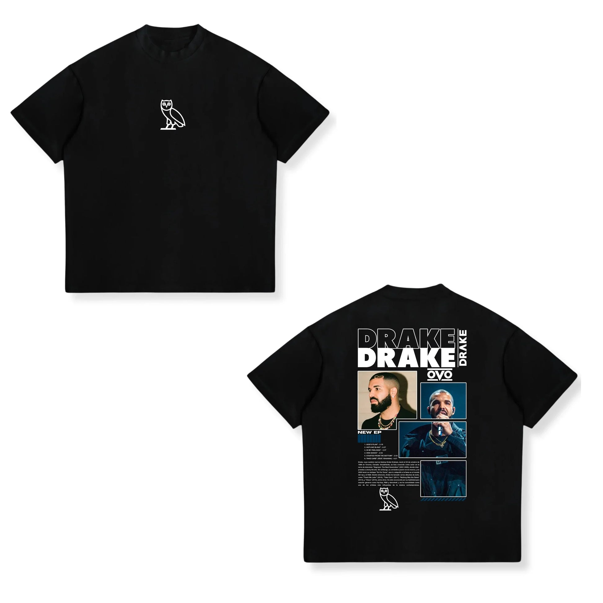 Black ovo drake t-shirt with white owl logo and detailed drake graphic on back for street sports casual wear