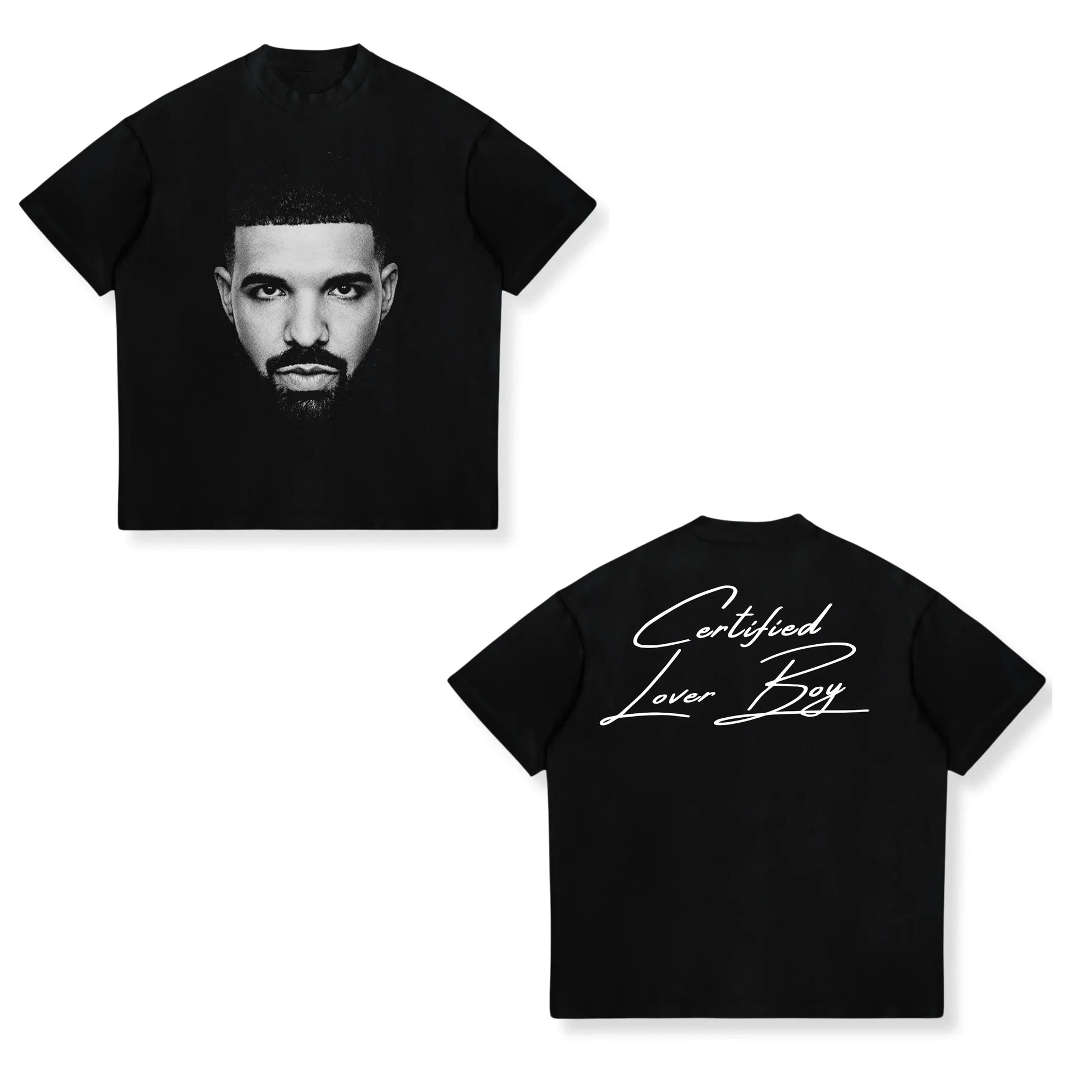 Black short-sleeved t-shirt with black-and-white american drake male portrait and certified lover boy text on back for street sports casual wear