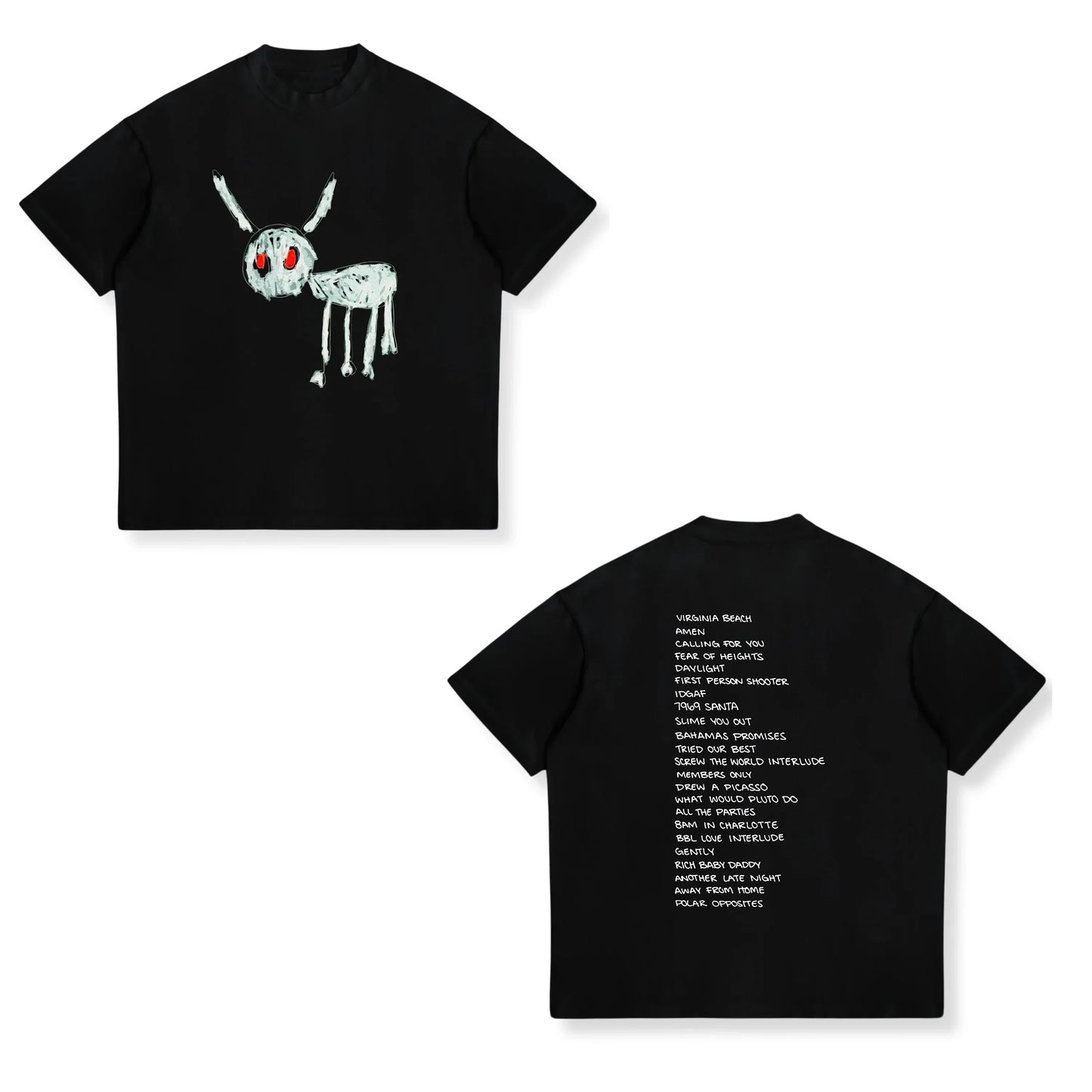 Black short-sleeved cotton t-shirt with white cartoon rabbit and red eyes on front and song list on back for street sports casual use