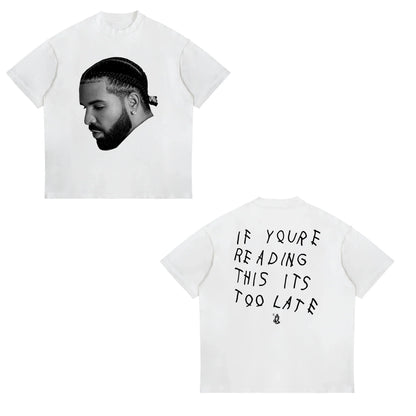 White oversized t-shirt featuring a black-and-white portrait of american drake male with street sports casual style