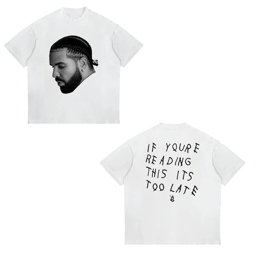 White oversized t-shirt featuring a black-and-white portrait of american drake male with street sports casual style