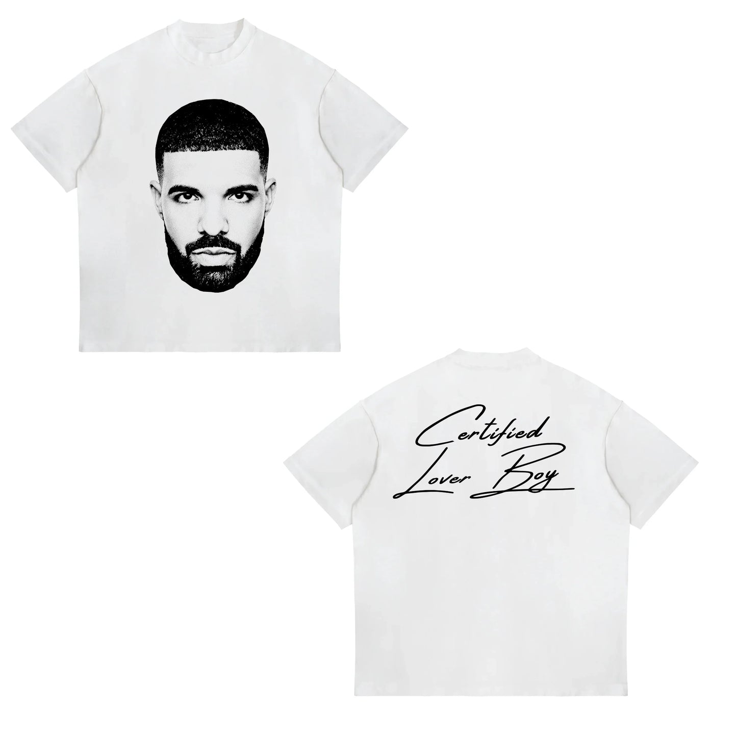 White short-sleeved cotton t-shirt with black-and-white American Drake male portrait and certified lover boy script, street sports casual