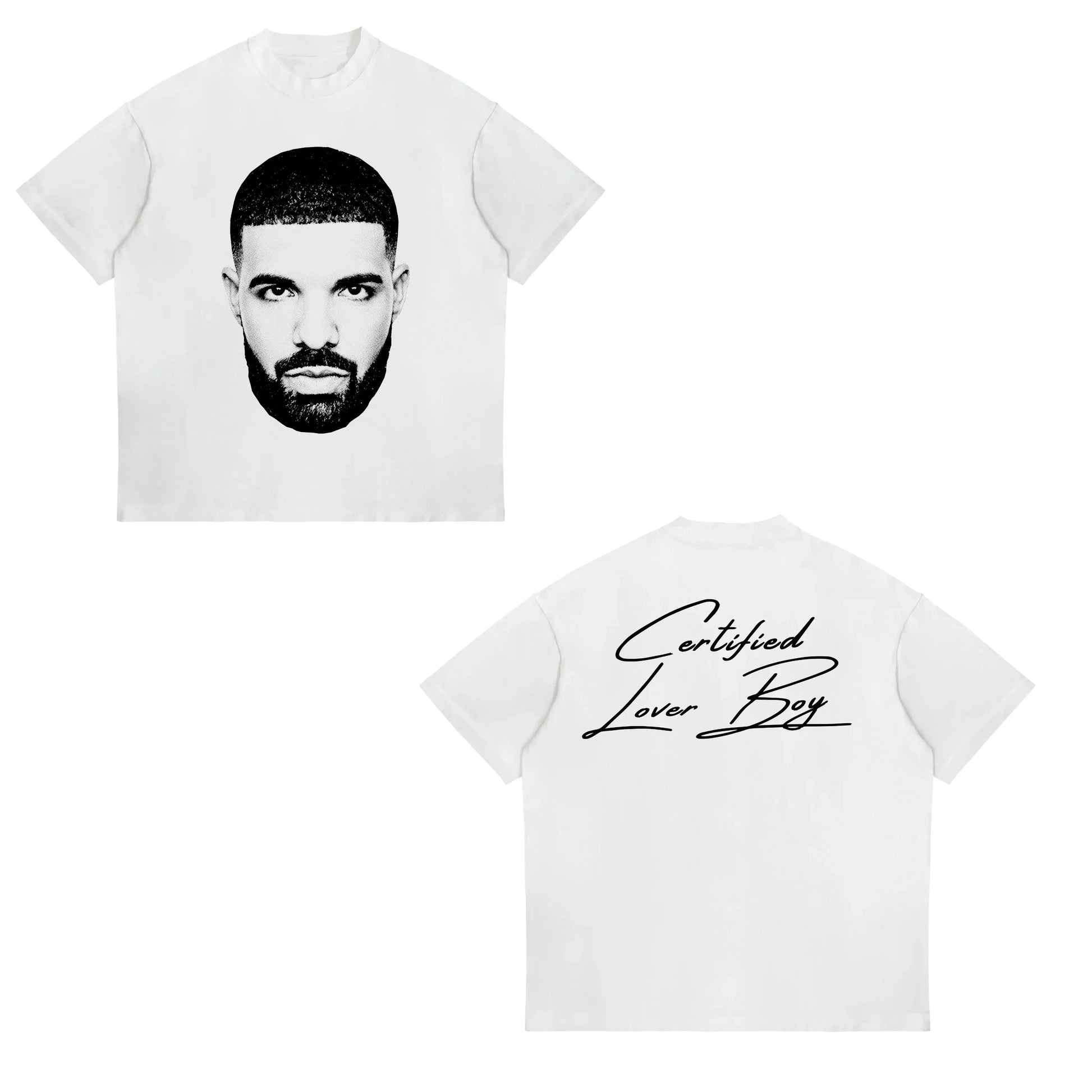White short-sleeved cotton t-shirt with black-and-white American Drake male portrait and certified lover boy script, street sports casual
