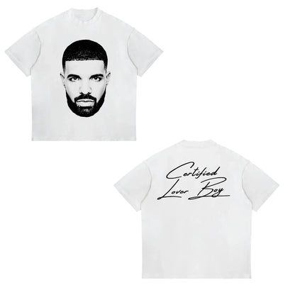 White short-sleeved cotton t-shirt with black-and-white American Drake male portrait and certified lover boy script, street sports casual
