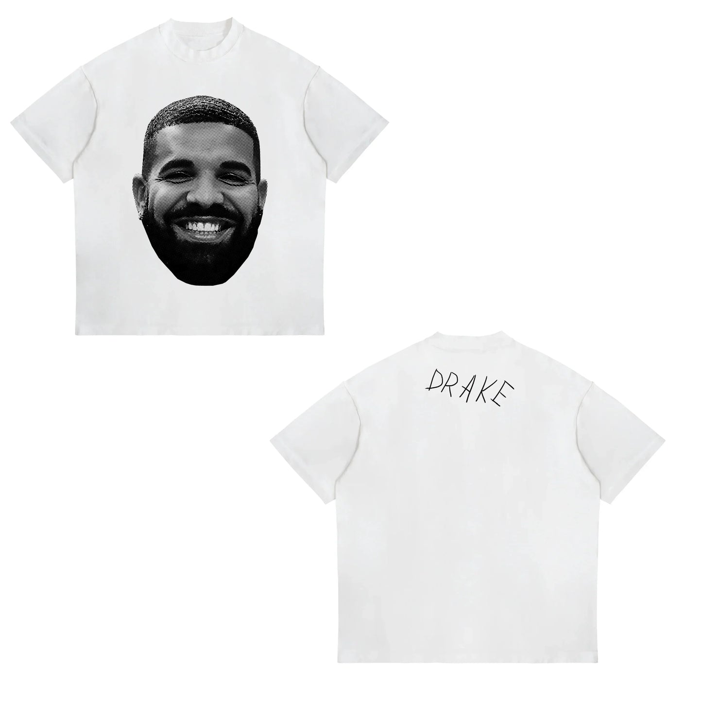 White short-sleeved t-shirt with black-and-white halftone american drake male portrait and street sports casual style
