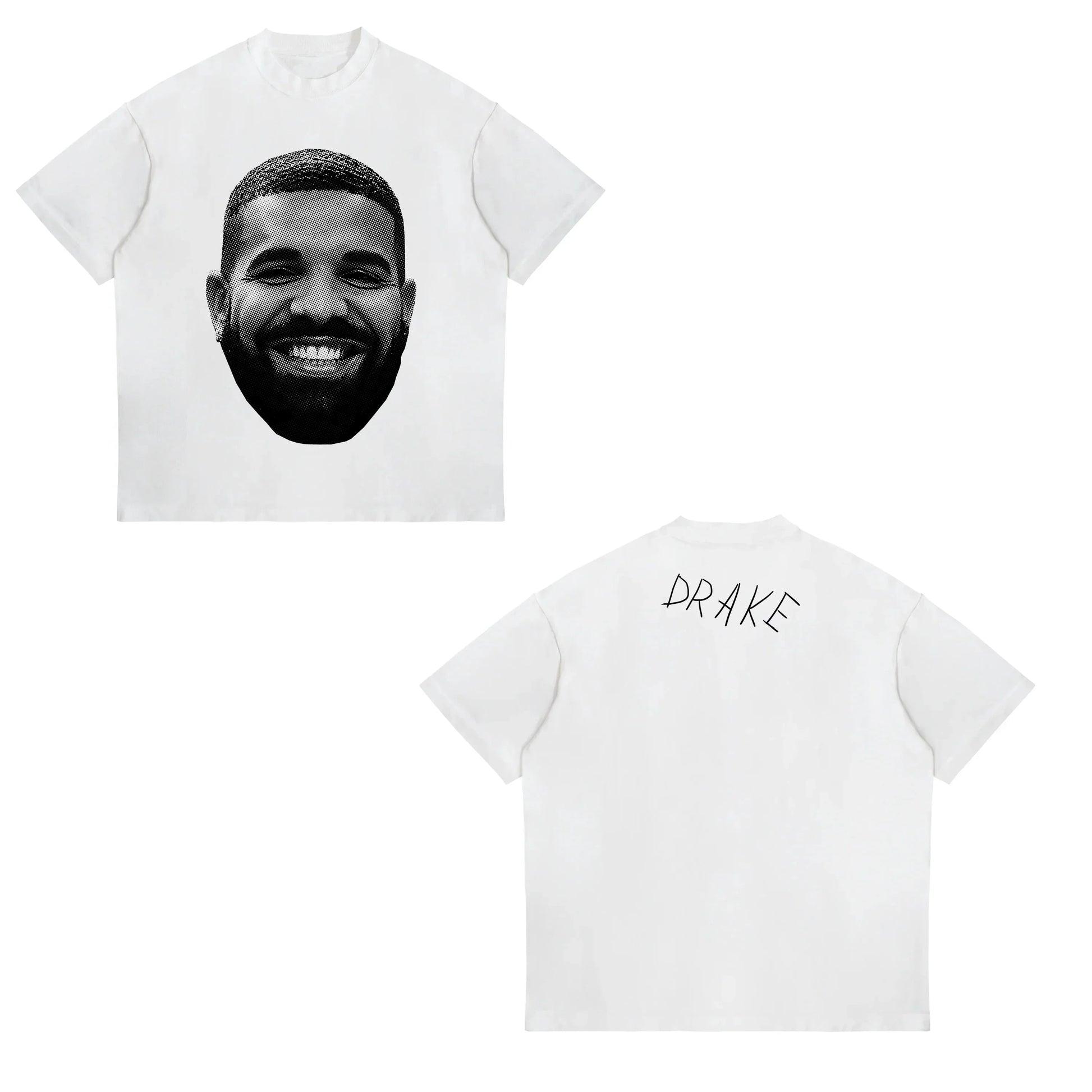 White short-sleeved t-shirt with black-and-white halftone american drake male portrait and street sports casual style