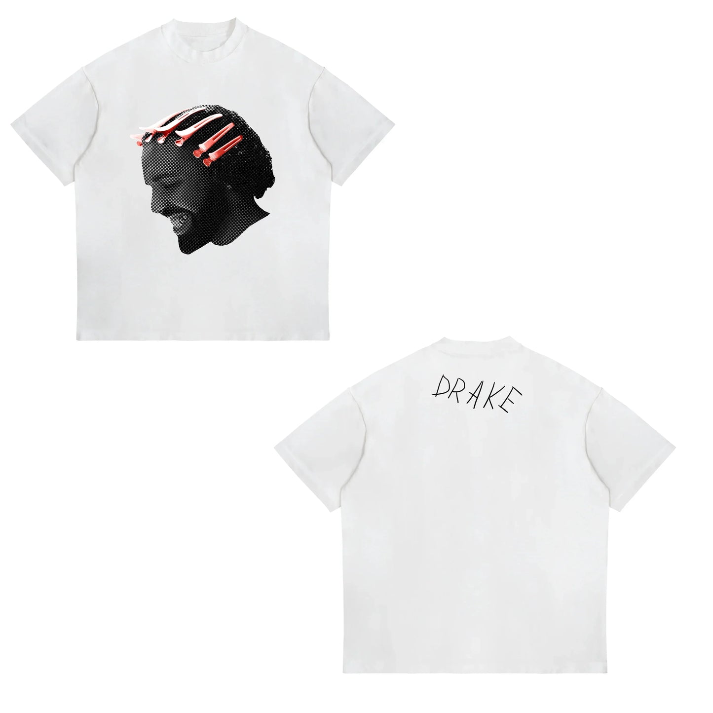 White short-sleeved t-shirt with black and red halftone drake graphic and american drake male street sports casual style