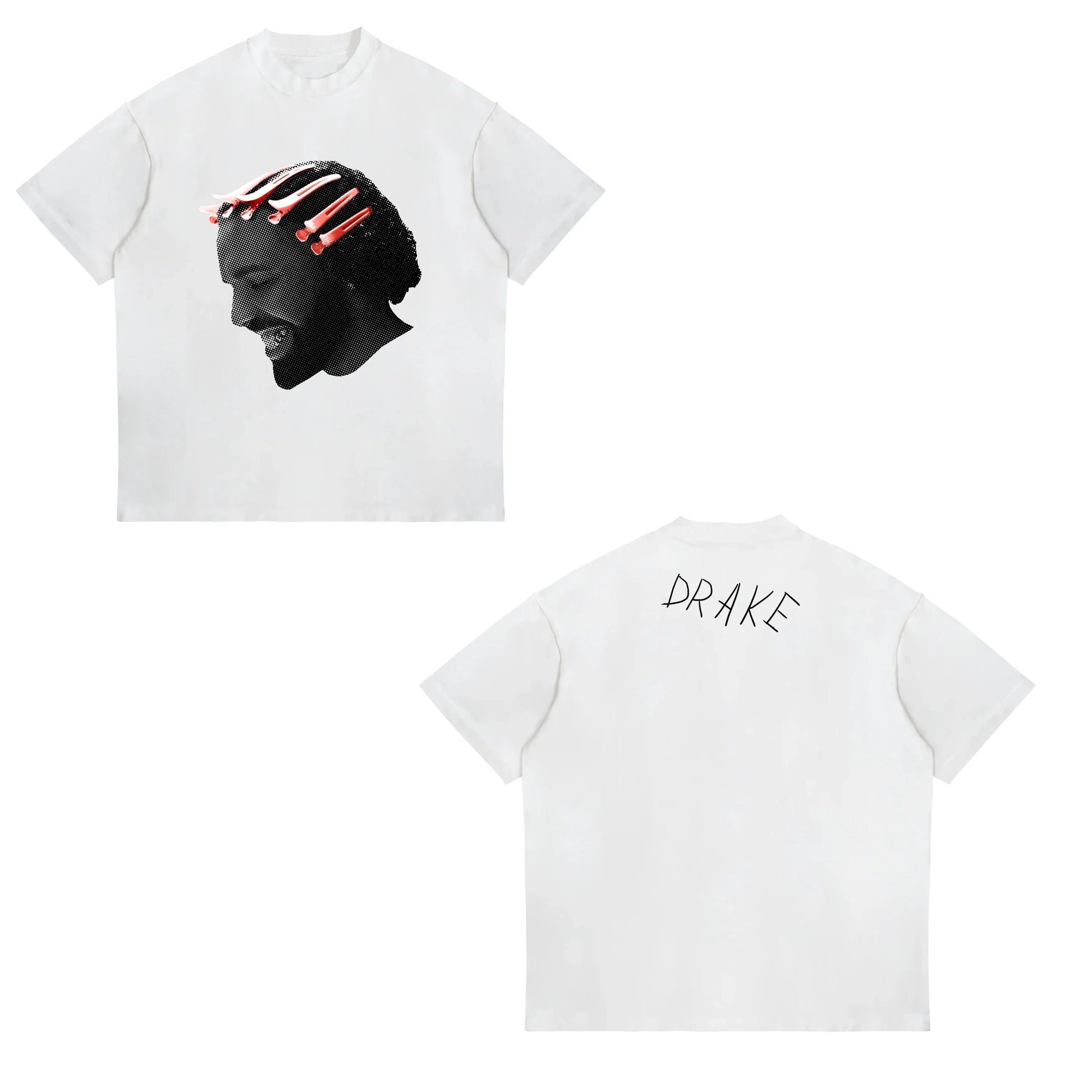 White short-sleeved t-shirt with black and red halftone drake graphic and american drake male street sports casual style