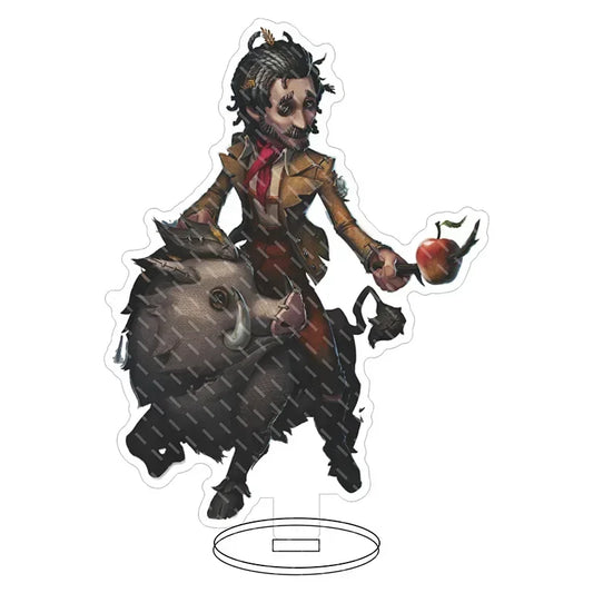 Acrylic standee of lucky guy reznik with dark curly hair in brown coat holding apple riding pig-like creature hip hop anime decor