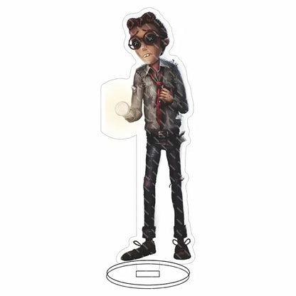 A standing acrylic hip hop anime figure of lucky guy reznik with dark curly hair and distressed black-gray jacket