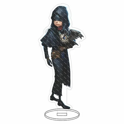 Black hooded lucky guy reznik anime figure with bird on shoulder on acrylic base for desk decor hip hop anime model