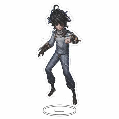Clear acrylic hip hop anime stand featuring lucky guy reznik with dark curly hair and gray tactical gear desk decor