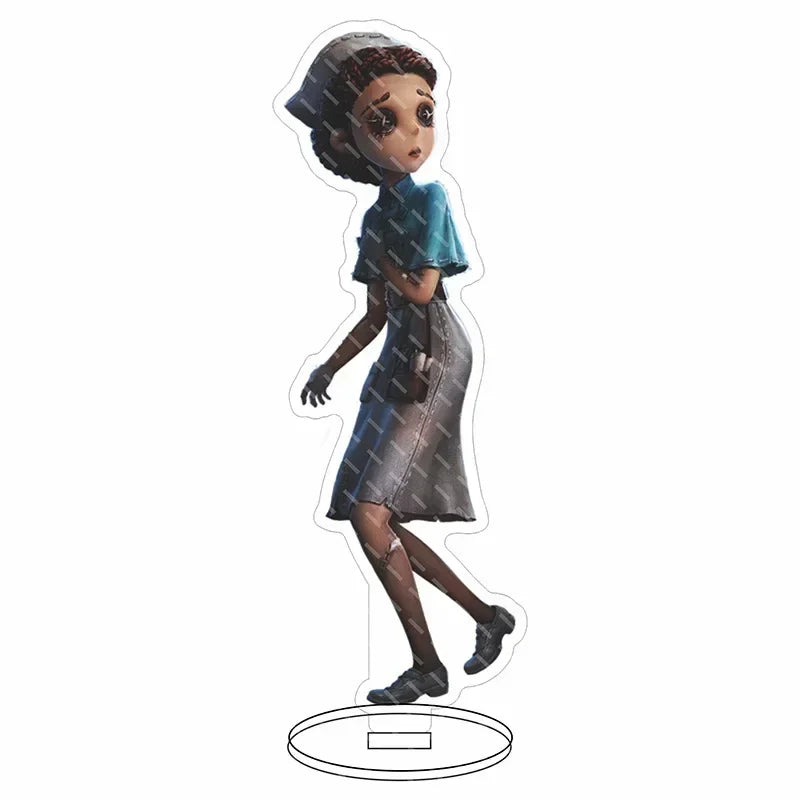 A stylized hip hop anime acrylic standee of a young woman in blue top and dark skirt lucky guy reznik emma woods helena