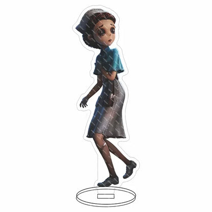 A stylized hip hop anime acrylic standee of a young woman in blue top and dark skirt lucky guy reznik emma woods helena