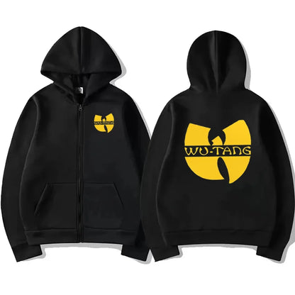 Black zip-up graphics hoodie men with bold yellow wu-tang clan logo long sleeve fleece gothic coat loose streetwear