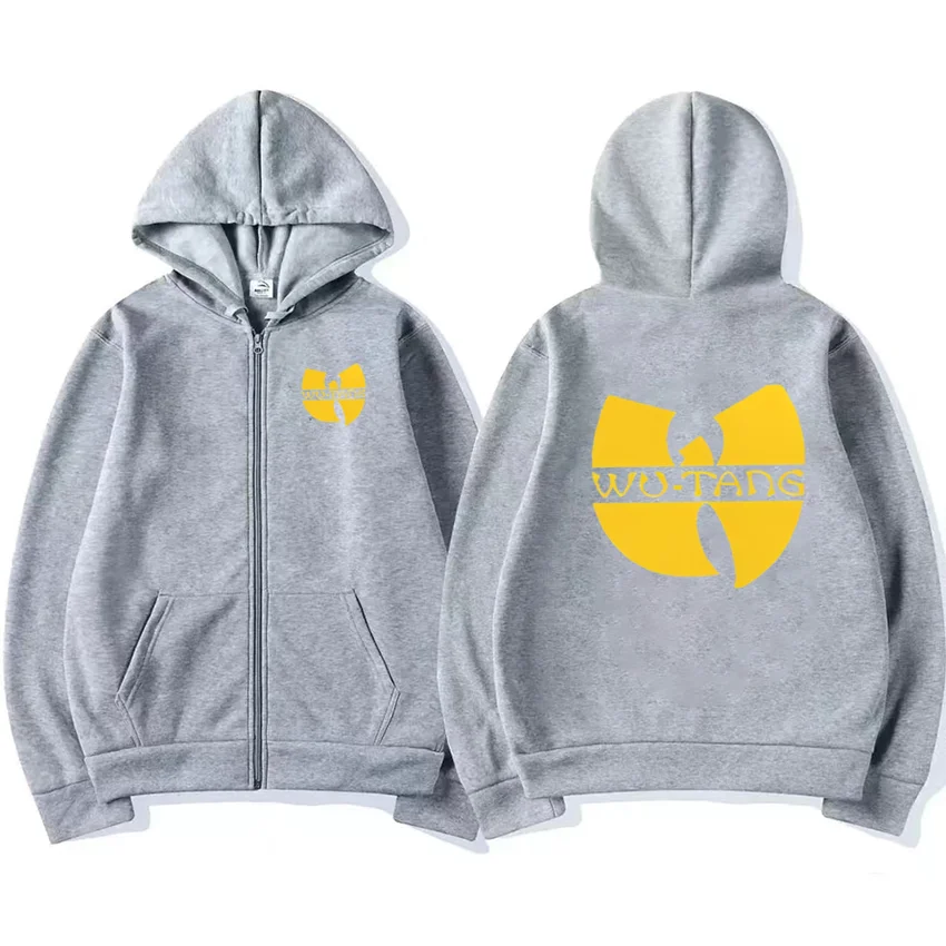 Gray zip-up graphics hoodie men with bold yellow wu-tang clan logo long sleeve fleece gothic coat loose streetwear