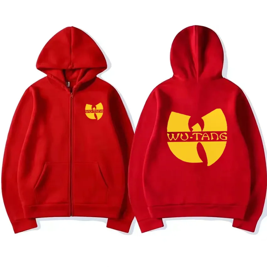 Red zip-up graphics hoodie men with yellow wu-tang clan logo back and left chest sleeve fleece gothic coat loose streetwear