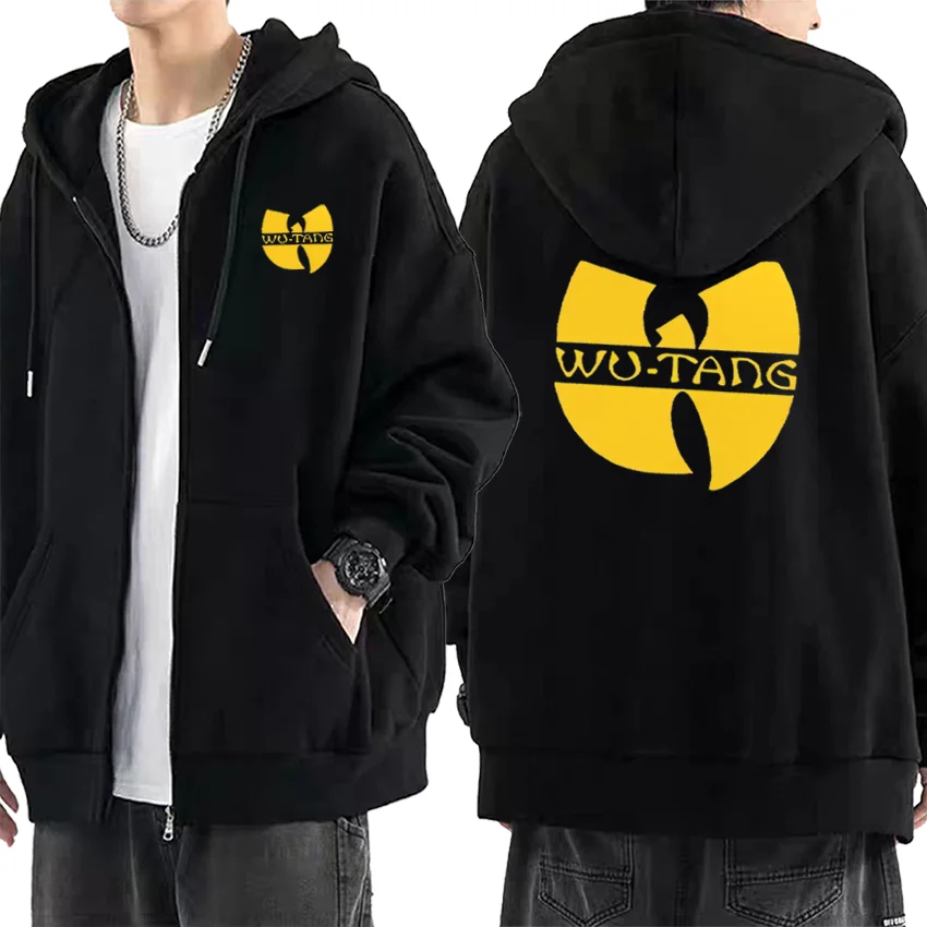 Black zip-up graphics hoodie men with bold yellow wu-tang clan logo, sleeve fleece gothic loose streetwear coat