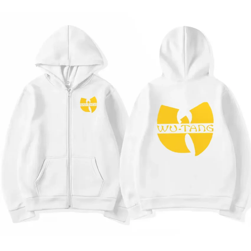 White zip-up graphics hoodie men with bold yellow wu-tang clan logo, sleeve fleece gothic coat loose streetwear design
