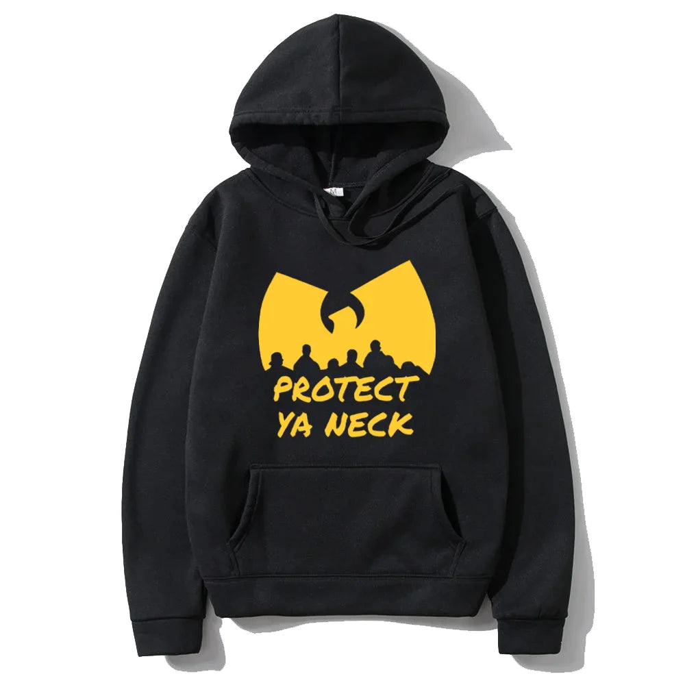Black hoodie with bold yellow wu tang clan logo and protect ya neck text fleece long sleeve hip hop winter vintage hoodies