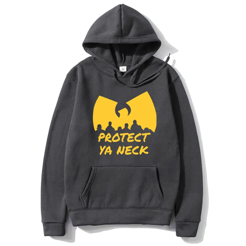 Black hoodie with bold yellow wu-tang clan logo and protect ya neck text fleece long sleeve hip hop winter vintage hoodies