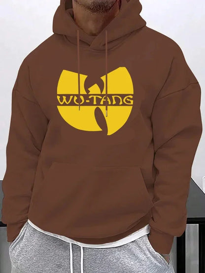 Brown hip hop wu-tang fleece long sleeve hoodie with bold yellow logo and matching drawstrings winter vintage hoodies