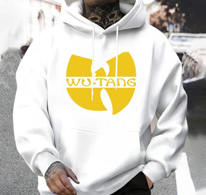 White wu-tang fleece long sleeve hoodie with bold yellow logo and matching drawstrings perfect for winter vintage hoodies hip hop style