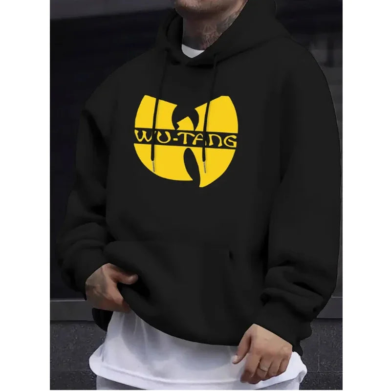 Black wu-tang clan hoodie with bold yellow logo and black drawstrings fleece long sleeve winter vintage hoodies for hip hop