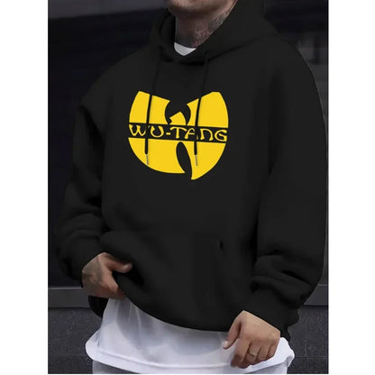 Black wu-tang clan hoodie with bold yellow logo and black drawstrings fleece long sleeve winter vintage hoodies for hip hop