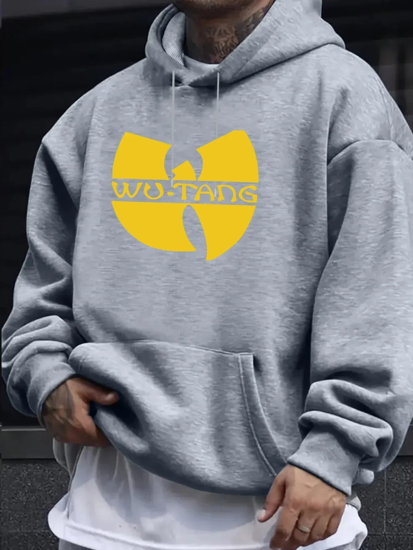 Gray wu-tang clan fleece long sleeve hoodie with bold yellow logo, ideal for hip hop winter vintage hoodies style
